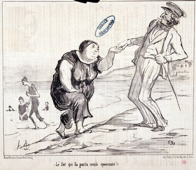 Cartoon about tourists on vacation. Series “At Sea Baths: “The flood that carried it back frightening!” Engraving by Honore Daumier. Extract from the newspaper “Le Charivari” by Honoré Daumier