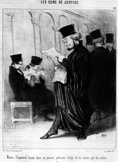 Maitre Chapotter reading in a judicial journal the praise of himself by himself (from the series of cartoons on Justice) by Honoré Daumier
