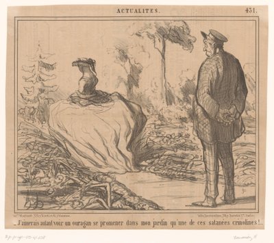 Man Sees Woman with Hoop Skirt Walking Through His Garden by Honoré Daumier