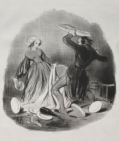Matrimonial Customs: Ah! You Think Your Wife Does Not Provide Enough for You, Villain... by Honoré Daumier