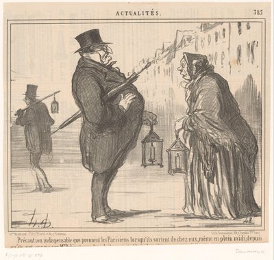 Monsieur Prudhomme and an Old Woman with Lantern and Umbrella by Honoré Daumier