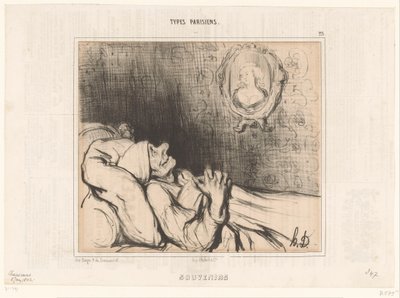 Old Man in Bed Staring at Portrait of Young Woman by Honoré Daumier
