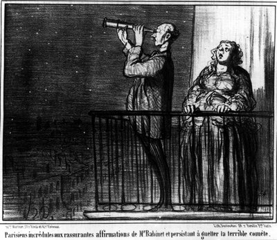 Parisians incredulous to the reassuring assertions of Monsieur Babinet and persistent to watch for the terrible comet, caricature by Honore Daumier. 