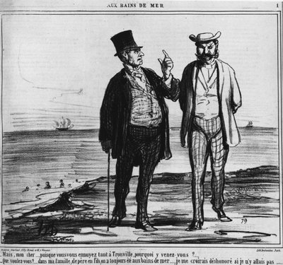 Seaside Baths: Parisians on a Trouville Beach of the Weight of Traditions and Family Habits - by Honore Daumier, in 