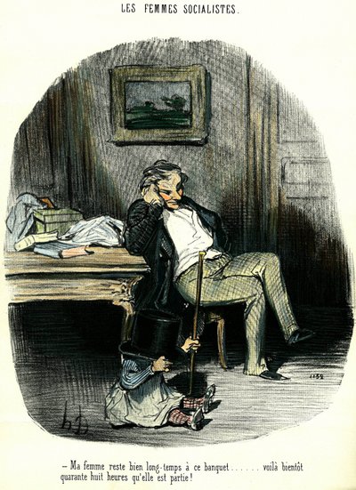 Socialist women: Anti-feminist cartoon depicting a man waiting with his child for his wife missing for two days. Lithograph by Honore Daumier, 19th century, Private Collection by Honoré Daumier