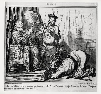 Tchinn Tchinn... You bring me good news! I grant you the great honor to kiss the august dust of my august shoes. In series En Chine, illustration by Honore Daumier, published in 