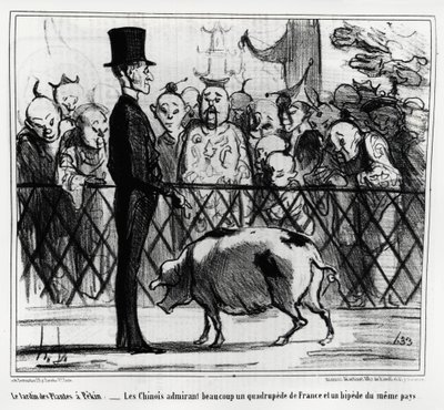 The Garden of Plants in Peking: The Chinese Admiring a Quadruped of France and a Beep of the Same Country. Illustration by Honore Daumier, Published in Charivari, China Actualites by Honoré Daumier
