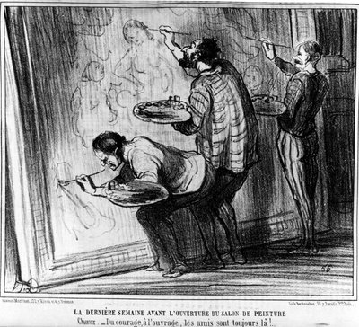 The Last Week Before the Opening of the Salon de Peinture. From Courage to Work, Friends Are Always There!... Taken from Paintings and Salons, Cartoon Series by Honore Daumier. Charivari by Honoré Daumier