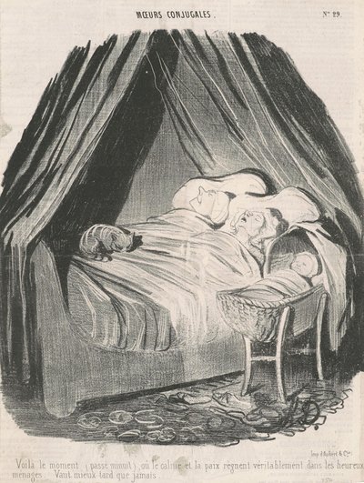 This Is the Moment (Past Midnight) When Calm and Peace Truly Reign in Happy Households. Better Late Than Never. by Honoré Daumier
