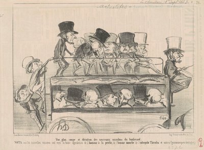 View... and elevation of... boulevard omnibuses... by Honoré Daumier
