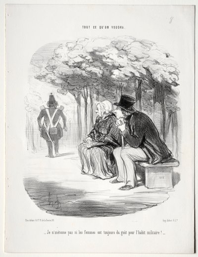 What You Will, Plate 51: I Do Not Wonder That Women Are Always Fond of the Military Uniform by Honoré Daumier