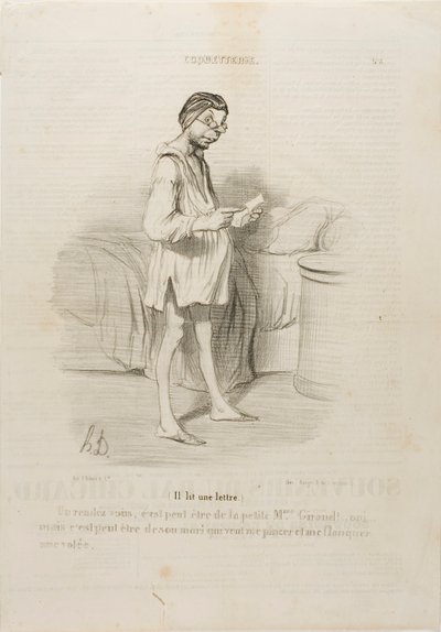(He is reading a letter) “A date, could it be from the cute Mme Giraud?? Yes, but it could also come from her husband who wants to pinch me…,” plate 8 from Coquetterie by Honoré Victorin Daumier