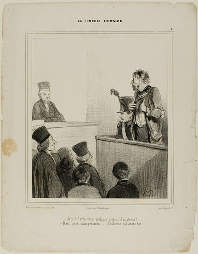 "- Defendant! Do you have any means of living? - Thank you Mr President.... I have quite a good stomach," plate 4 La Comédie Humaine by Honoré Victorin Daumier