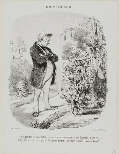 "- Dire pourtant que mes dahlias continuent encore cette année à être du ponceau le plus vif." Plate 6 from Tout Ce Qu