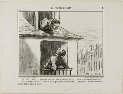 "- Hello, neighbour... what was all this yelling about... did you see the comet?" Plate 3 from La Comet De 1857 by Honoré Victorin Daumier