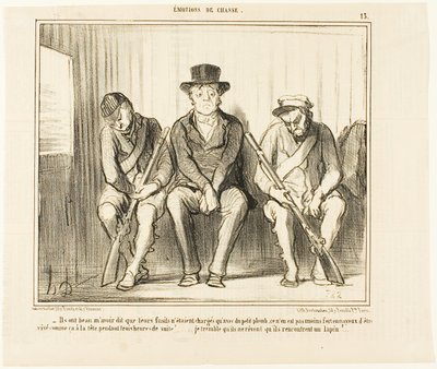 In spite of all their assertions that their guns are only loaded with small shots, it is nonetheless annoying to be aimed at the head like this for three consecutive hours... I tremble at the thought that they might dream of an encounter with a rabbit... by Honoré Victorin Daumier