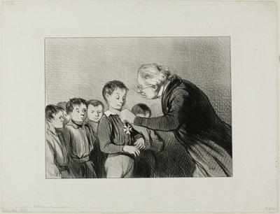 "- Mr. Alfred Cabassol! You are the only one in the class who succeeded to get through the entire week without blowing your nose into your sleeve. Please stand to receive this prize of honour for cleanliness," plate 6 from Professeurs Et Moutards by Honoré Victorin Daumier