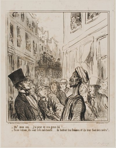 "- Oh, my friend... I am afraid of these people there." Plate 101 from Actualités by Honoré Victorin Daumier