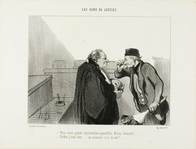 "- Should be a great performance today, Mr.Galuchet... - I should think so... A murder case with a rape thrown in...," plate 31 from Les Gens De Justice by Honoré Victorin Daumier