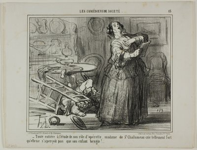 Taken by Her Operetta Part, Madame de St. Chalumeau is Shouting So Loud That She Does Not Notice the Bellowing of Her Child, plate 13 from The Amateur Actors by Honoré Victorin Daumier