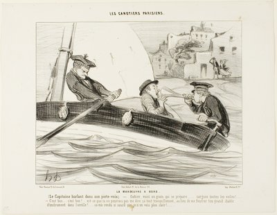 A Boat-Manoeuvre. The Captain yelling in his trumpet: "- Gabier! There is a squall building up, get ready!..... Clew up all the sails!... That