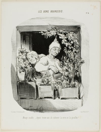 A Model Marriage: For Thirty Years They Have Cultivated Virtue and Carnations, plate six from Les Bons Bourgeois by Honoré Victorin Daumier