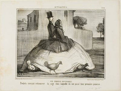 An Excusable Error. Chickens thinking they have found the cage where they spent their early childhood, plate 21 from Crinolomania by Honoré Victorin Daumier