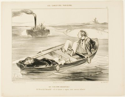 An Unpleasant Encounter. "Bernardel, Bernardel! Here comes the steamer... we will sink!", plate 16 from Les Canotiers Parisiens by Honoré Victorin Daumier