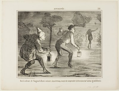 Horticulturists of Nanterre tiptoeing at midnight towards the cactus grandiflorus in order to surprise it in its blossoming, plate 323 from Actualités by Honoré Victorin Daumier