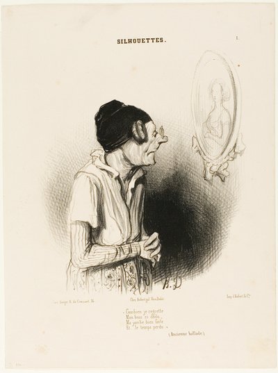 “How much I regret. My arms once so strong, my legs never fat and nothing went wrong” (an ancient song), plate 1 from Silhouettes by Honoré Victorin Daumier