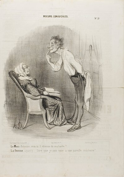 Husband: "My dear, how about a first kiss on my chin?" The wife (aside): "To think that I am married to this face!", plate 21 from Conjugal Customs by Honoré Victorin Daumier