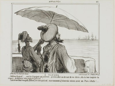 In Tangiers. "- Sublime Majesty... the Spanish are coming... in order to frighten them off I took the liberty to fully open your umbrella as a sign of your greatness! - Leave me alone with my umbrella, Belboul.... I would rather like to have an umbrella pr by Honoré Victorin Daumier
