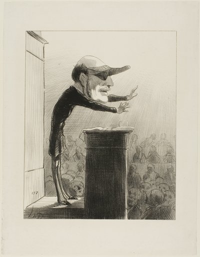 Jules de L (also known as Lasteyrie the Argand lamp). Former member of the opposition, now enemy of the light... blinded by the sudden appearance of the sun of the Republic, Jules de Lasteyrie now wears the eye-shade of the Constitutionnel, plate 33 by Honoré Victorin Daumier