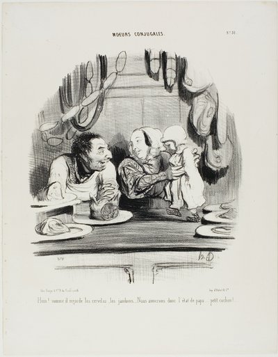 "Look! See how his eyes are on the saveloys and the ham." Plate 51 from Moeurs Conjugales by Honoré Victorin Daumier