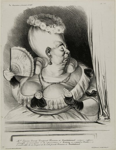 Miss Etienne-Mona-Lisa-Cunégonde-Silly Goose of the Constitutionnel, indignant, choking and over-ornate at the performance of Anthony in which the mischievous Dumas had the indecency of scoffing at the noble family Silly Goose of the Constitutionnel... by Honoré Victorin Daumier
