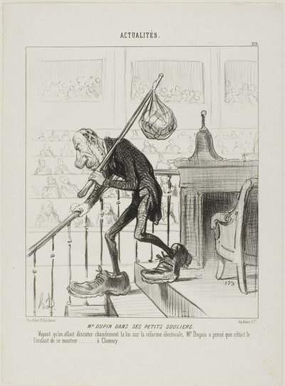 Mr. Dupin in His Little Shoes. Once Mr. Dupin noticed that one started a heated discussion about the reform of the election laws, he considered it the right moment to show himself at Clamecy, plate 123 from Actualités by Honoré Victorin Daumier