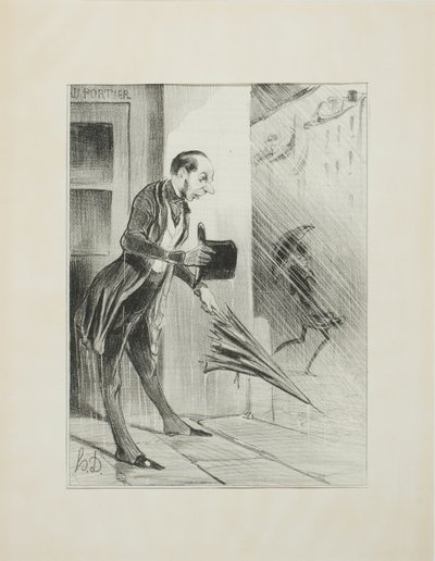 New patented umbrella, with an improved spring system, to swiftly open at the slightest touch, plate 33 from Émotions Parisiennes by Honoré Victorin Daumier