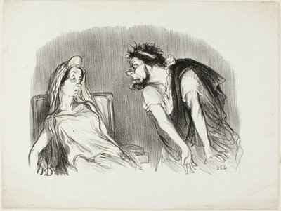 Oedipus. "- When my sword cut into his bleeding heart - You are trembling Madame - It was then that the world was falling apart," plate ten from Physionomies tragiques by Honoré Victorin Daumier