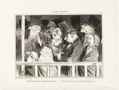 Parisians looking forward to some fun. Queuing up for two hours in front of any theater in town, plate 1 from The Good Parisians by Honoré Victorin Daumier
