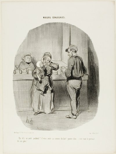 “Regular little drunk, he is!... he swallows it down like milk! Poor little darling... he is just like his father!”, plate 42 from Moeurs Conjugales by Honoré Victorin Daumier