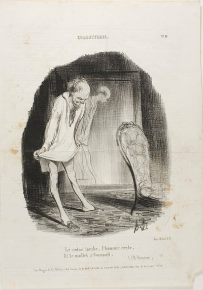 The Gown Falls, Man Remains, and the Legs are Shaking. (J.B. Rousseau), plate 10 from Coquetterie by Honoré Victorin Daumier