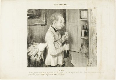 The Taste. "Wow! I am not surprised any more why this fellow is so spirited... and he calls me an old beast! Let me have one of these every morning, and I will be full of spirit too," plate 40 from Types Parisiens by Honoré Victorin Daumier