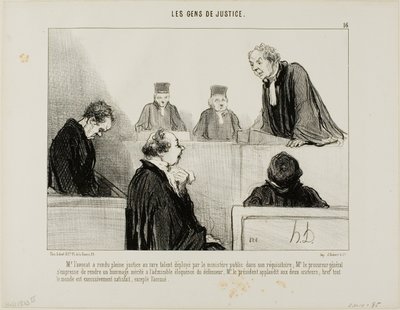 The defense compliments the talent of the prosecution, while the Attorney General admires the eloquence of the defense. The judge applauds both of them and everybody is satisfied, except the accused, plate 16 from Les Gens De Justice by Honoré Victorin Daumier