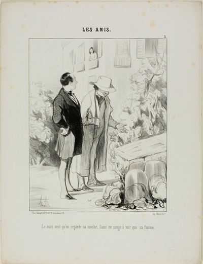 The husband wants him to look at his hot-bed, the friend only dreams of seeing his wife, plate 3 from Les Amis by Honoré Victorin Daumier
