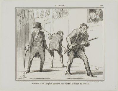 View of rue Lacépède during the hunt for a serpent, plate 500 from Actualités by Honoré Victorin Daumier