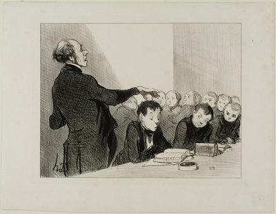 You remember now that young Cabassol is far too good in translation that I would allow anyone in this class to molest him... he is under my immediate protection! At the final exams it is he who will hold up the honour of Bilboquet High school, plate 32 by Honoré Victorin Daumier