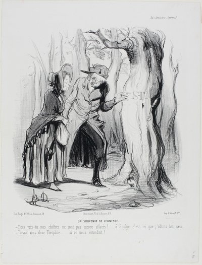 Youthful Memories. "- You see our letters have not yet been erased... oh Sophie, it was here that I gained your heart. - Hold your tongue now, Théophile.... if someone should hear us!," plate 49 from Married Life by Honoré Victorin Daumier