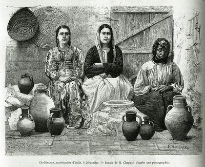 Christians, oil dealers in Jerusalem. Engraving by H.Chapuis, to illustrate La Syria d