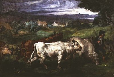 Cattle and a Drover in a Landscape by Honore (circle of) Daumier