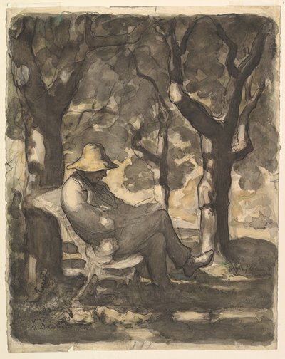 A Man Reading in a Garden (recto); Preliminary Sketch for a Man Reading in a Garden (verso) by Honoré Daumier